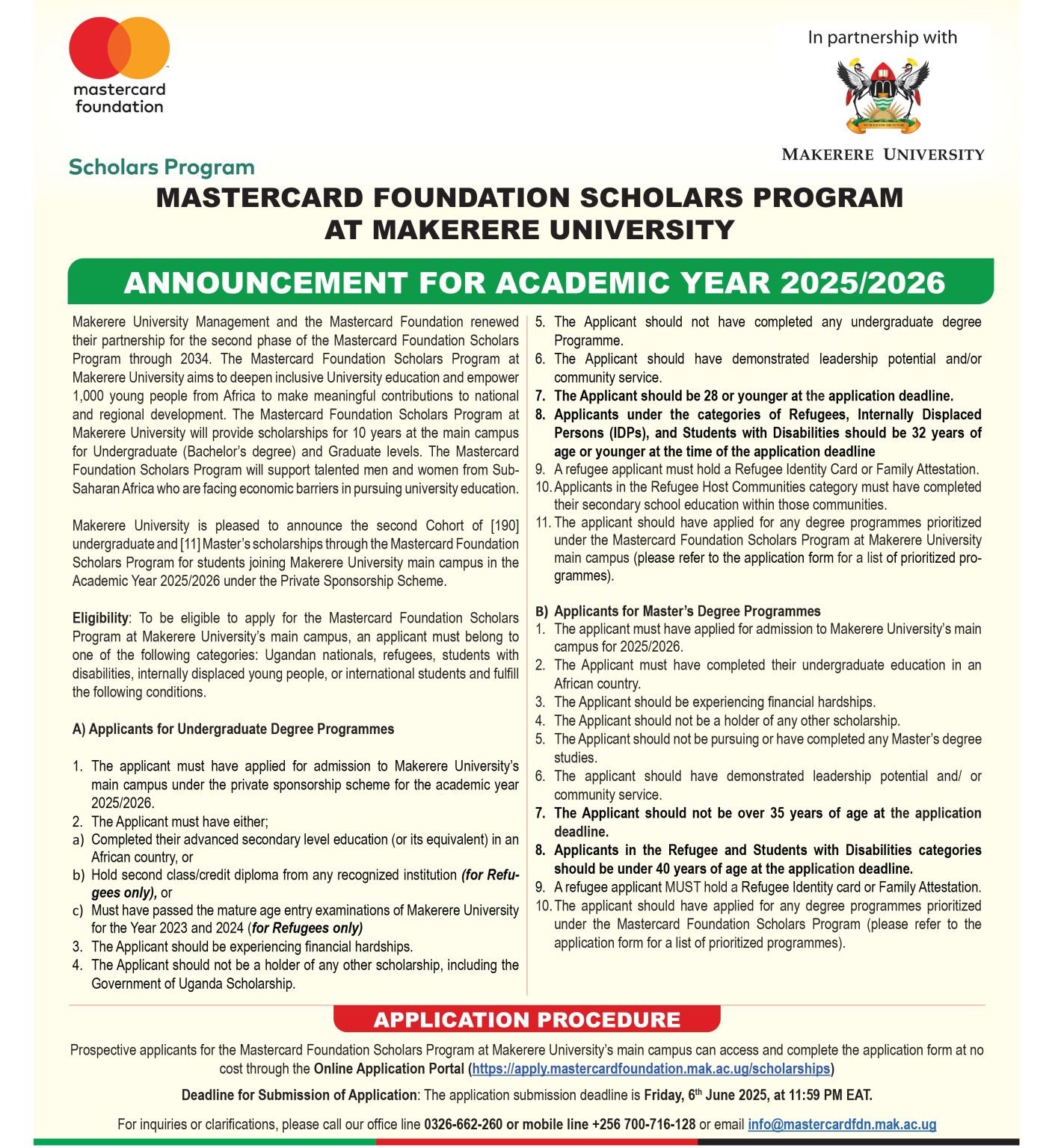 Scholarships for Undergraduate Programmes 2025/2026